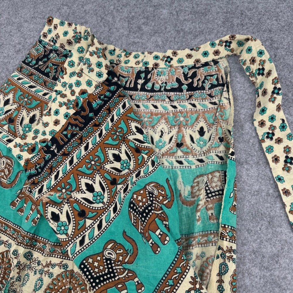 Boho Elephant Block Print Wrap Maxi Skirt Turquoise Brown Floral Tiered Skirt - Picture 4 of 6